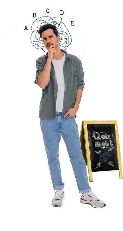 Jakob Schinagl, MSc (WU) denkt konzentriert nach, mit einem Finger am Kinn, im Hintergrund ein gezeichneter Denkprozess und ein Schild mit ‚Quiz Night‘ - neugierig, klug und immer für ein Rätsel zu haben.