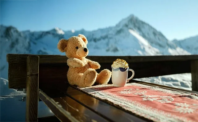 Scene from the target group-specific advertising campaign 'Always there for you'. Steiff teddy bear Pauli with hot chocolate at a mountain hut against an impressive Alpine backdrop.