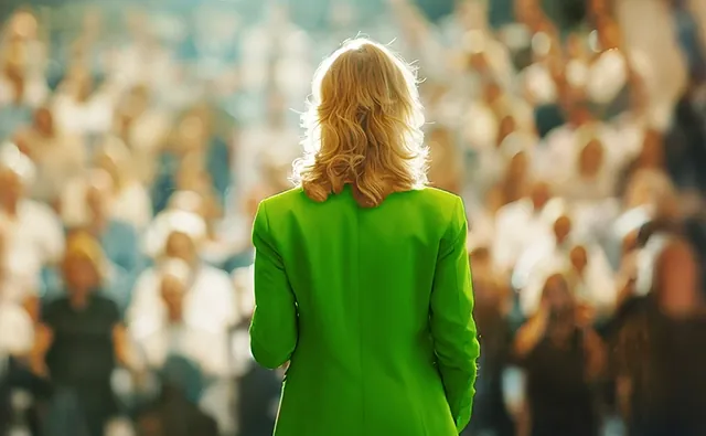 A woman with shoulder-length blonde hair is photographed from behind wearing a bright green blazer in front of a large audience while giving a lecture.