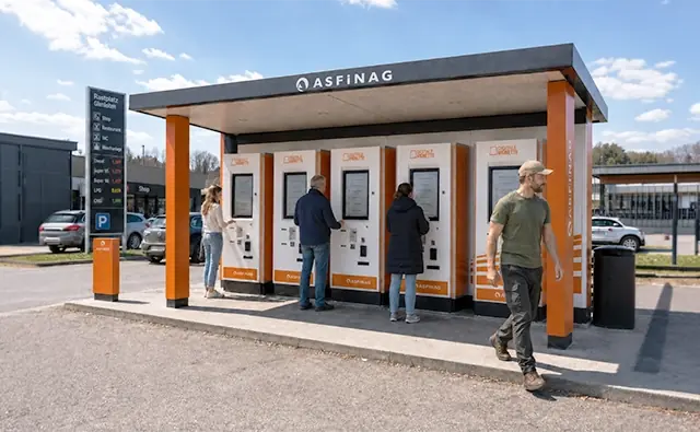 ASFINAG toll machines at a service area with several people using the terminals. Image represents digital vignette services, easy toll processing, and customer-friendly infrastructure.