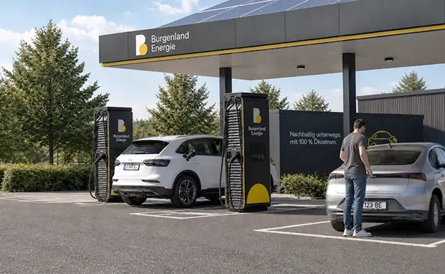 Electric cars charge at a Burgenland Energie charging station under a roof with solar panels. Image represents e-mobility, renewable energy, and sustainable charging infrastructure.