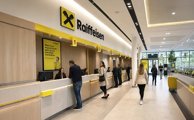 Raiffeisen bank branch with service counters, staff, and customers in a modern interior. Image represents banking advice, customer proximity, and user-oriented financial services.