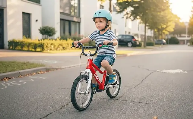Child wearing a helmet rides a red woom bike along a quiet residential street. Image represents children’s bikes, safe mobility, and independent everyday cycling.