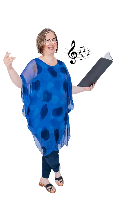 Irene Löffler with open music folder and raised hand in conducting pose - musical, expressive, and full of joy for sound.